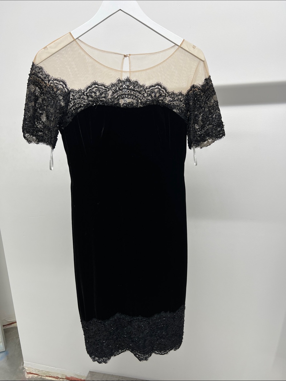 Black Velvet Midi Dress with Lace Neckline
